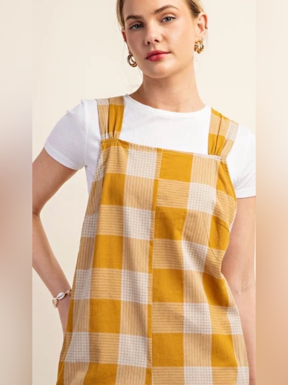 Women’s Mustard Check Wide-Leg Overalls Jumpsuit - Picture 4 of 11